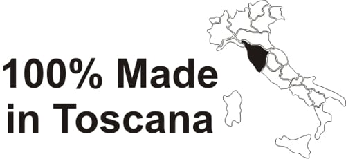 Image of Italy with all its regions, Tuscany highlighted in black; black writing on a white background: 100% done in Tuscany