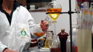 Un tecnico dei Laboratori Casalvento in camice bianco con stampato il logo aziendale sul taschino, mano che tiene un pallone a fondo piano con olio essenziale color ambra e varie beute in vetro ed alluminio sul tavolo