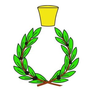 Il simbolo aziendale di Casalvento ricorda un flacone da profumo ed è stilizzato come una corona di foglie di alloro verdi a forma di goccia ed un tappo in ottone giallo sopra
