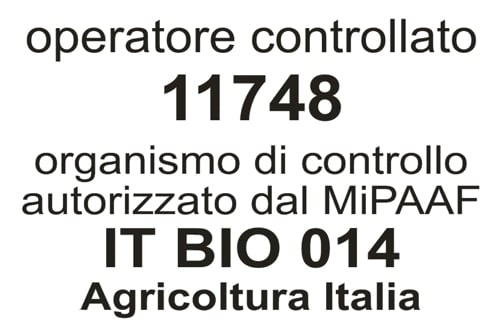The organic certification is expressed with this black writing on a white background: controlled operator 11748, control body authorized by MIPAAF IT BIO 014, agriculture Italy