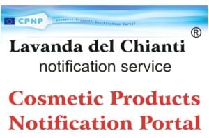 Portale europeo per la notifica dei cosmetici (CPNP); scritta rossa su campo bianco: Portale di Notifica dei Prodotti Cosmetici e scritta nera: Lavanda del Chianti servizio di notifica