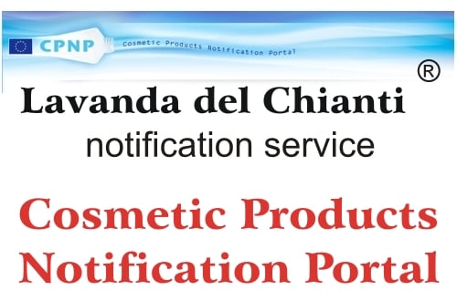 Portale europeo per la notifica dei cosmetici (CPNP); scritta rossa su campo bianco: Portale di Notifica dei Prodotti Cosmetici e scritta nera: Lavanda del Chianti servizio di notifica