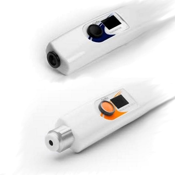 Two DelfinTech devices in white plastic with black and orange activation button and digital display on a white background for measuring skin elasticity and perspiration Icona di Verificata con community