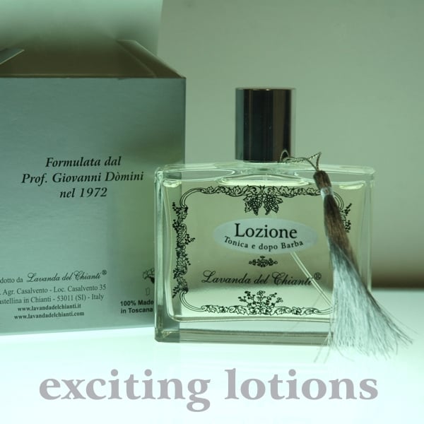 Glass bottle of tonic and aftershave lotion with silver cap and plume with Lavanda del Chianti lettering in black and gray exciting lotions. Silver box with wording formulated by Professor Giovanni Domini in 1972