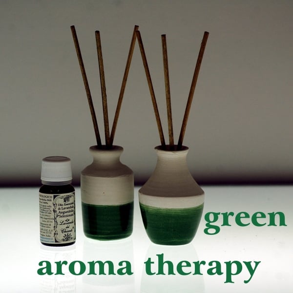 Small cream-colored ceramic bottles and green enamelled bottom with three wooden sticks for diffusion of essential oils in the environment and yellow glass bottle of essential oil with green writing: green aromatherapy