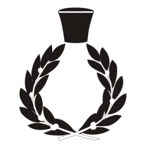 Immagine su sfondo bianco del logo di Casalvento rappresentato da una corona di foglie di alloro, bacche di alloro e rametti piegati ad arco convergente sovrastati da un tappo di profumo di colore nero