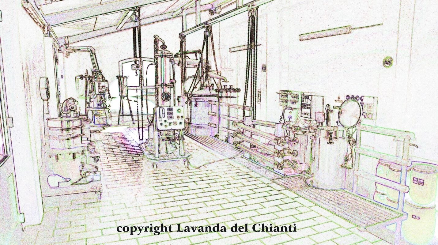 Stylized artistic representation in false colors of a Casalvento steam distillation room with stoneware floor and numerous steel stills; written in black: copyright Lavanda del Chianti