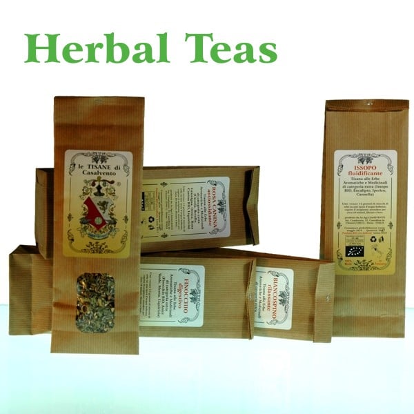 Photographic image of 5 food-grade brown paper bags with inspection window and white shaded label with black writing Tisane di Casalvento