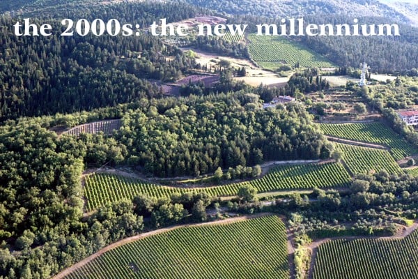 Aerial view of the green vineyards and blue lavender fields of Casalvento in the middle of islands of dense woodland and the production center of the company with the large distillery