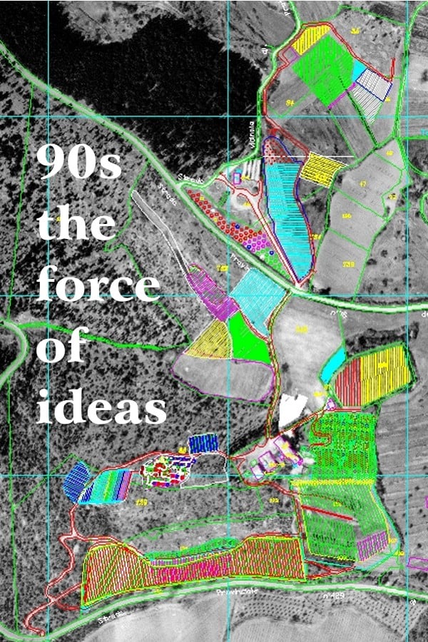 Aerial image in black and white elaborated with indication of the cultivated areas of the Casalvento farm indicated with yellow, red, blue, green and lilac colors with white writing the power of ideas