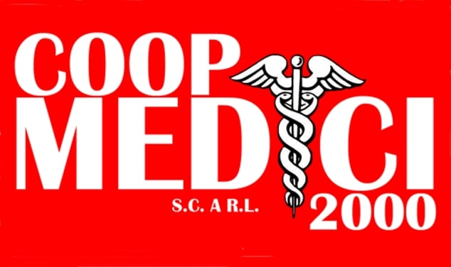 Simbolo della cooperativa Medici 2000, caduceo e scritta bianca in campo rosso