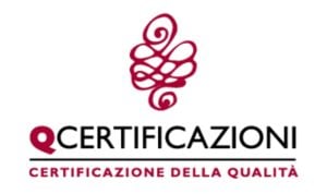 Black writing QCertificazioni with red graphics and the definition of quality certification on a white background