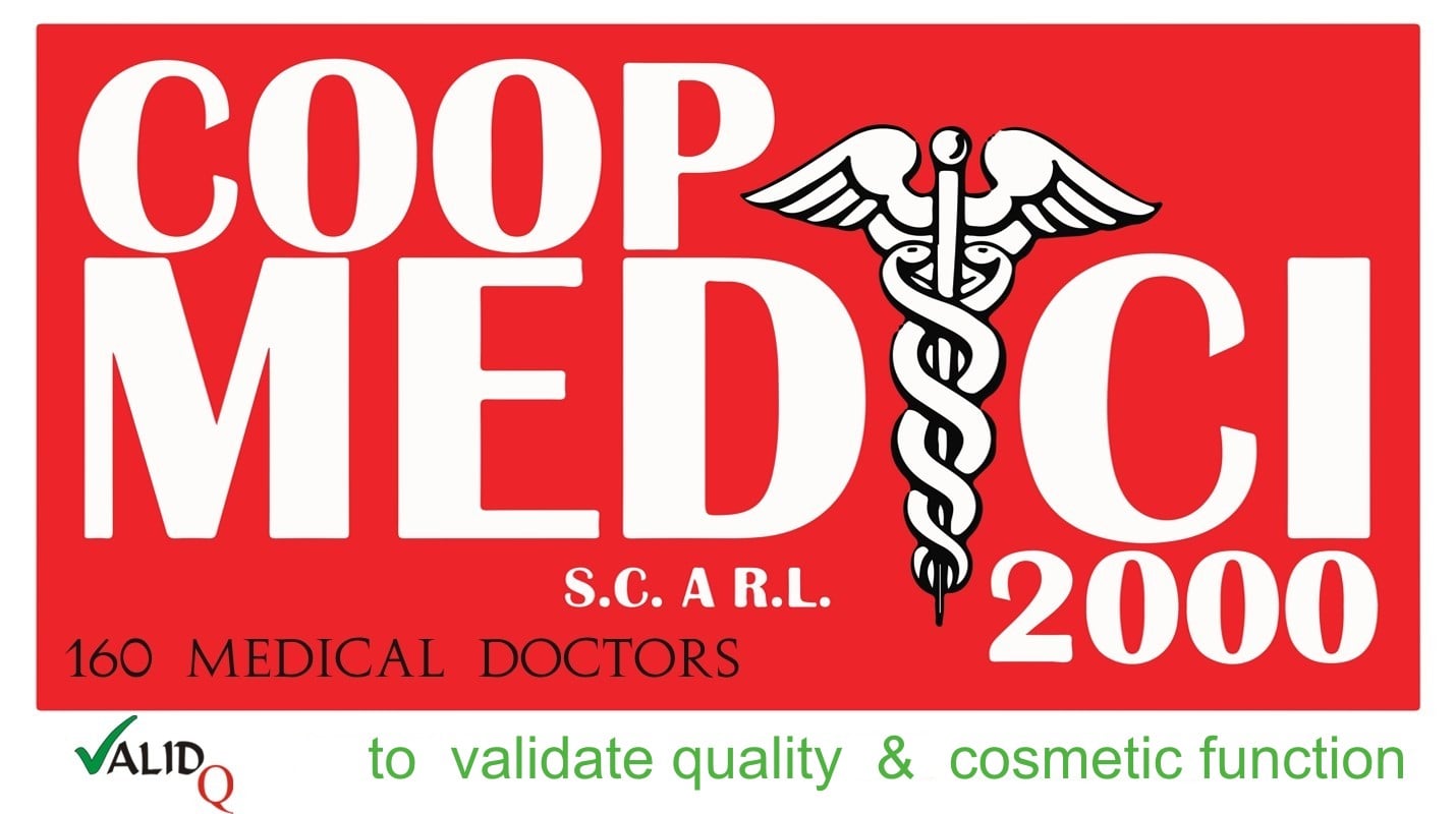 Coop Medici 2000 symbol with white lettering on a red background and advertising lettering