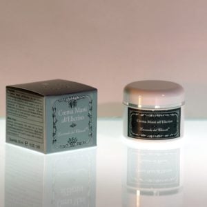 White plastic jar with silver box on gray background and reflections on glass