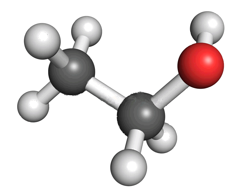 Rappresentazione grafica della molecola dell'alcool etilico: 2 atomi di carbonio in grigio scuro, 1 sfera rossa rappresenta l'ossigeno e le piccole 6 sfere bianche sono i 6 atomi di idrogeno