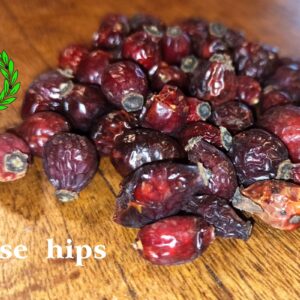 Rose hips (false fruits) dried and still red. White writing "rose fruits" and Casalvento logo